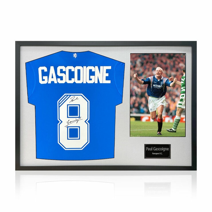 Paul Gascoigne Signed Framed Rangers Football Shirt & 1 Photo in 2 Options: White or Black Mount