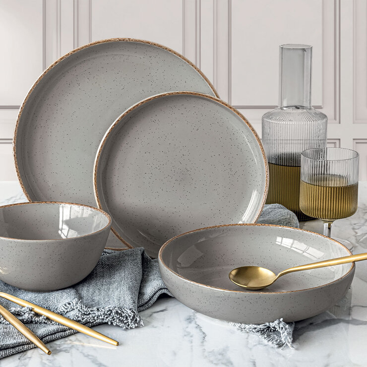 Over & Back Stoneware Dinnerware Set, 16 Piece in Grey