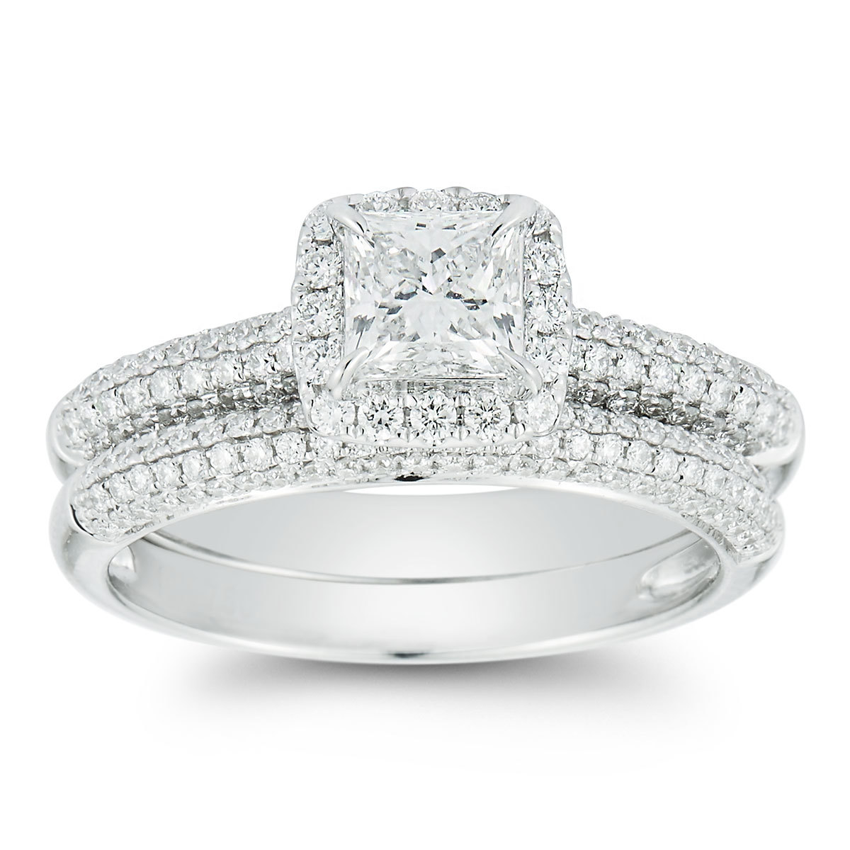 1.40ctw Princess and Round Brilliant Cut Diamond Wedding Ring Set, 18ct ...