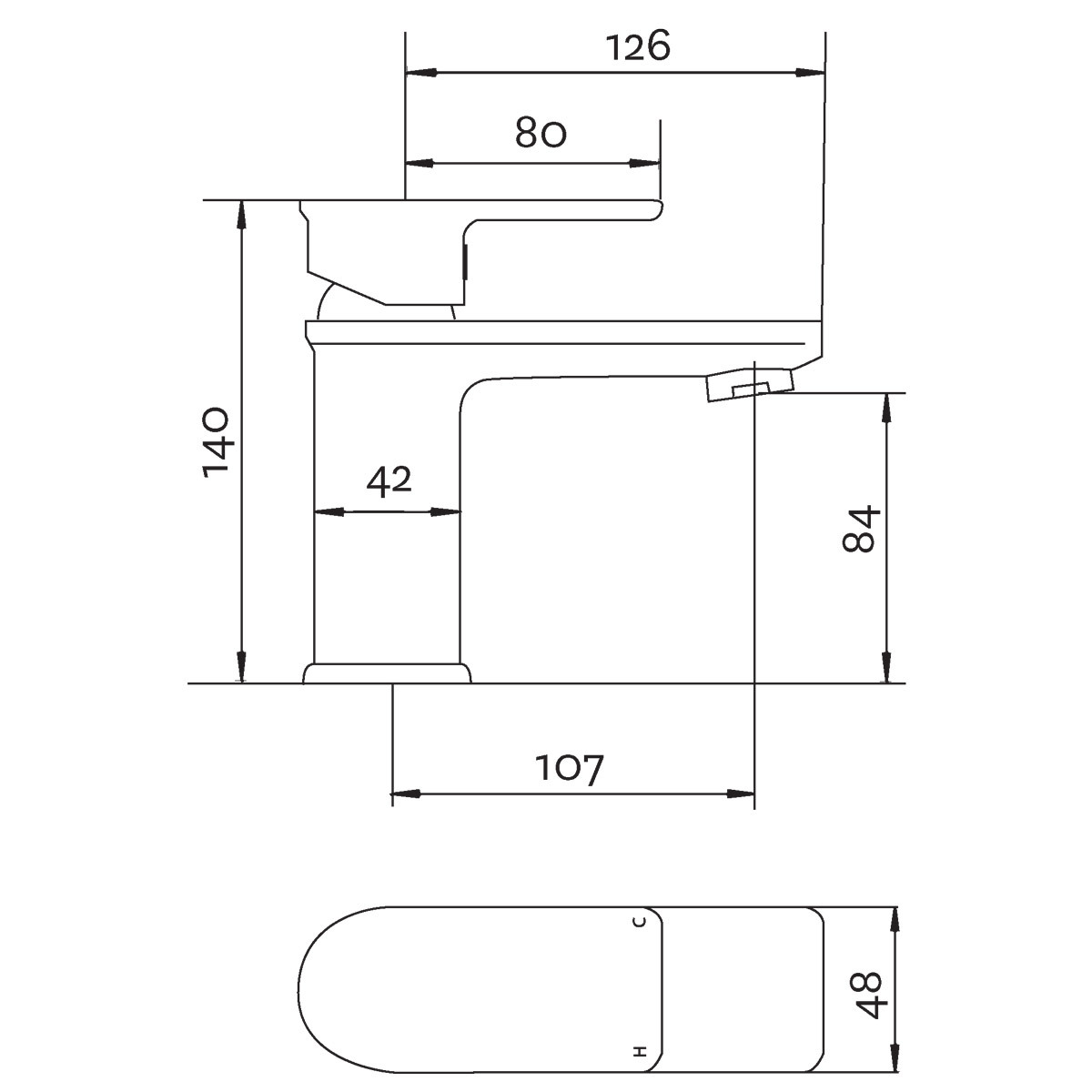 Line drawing of tap on white background with dimensions