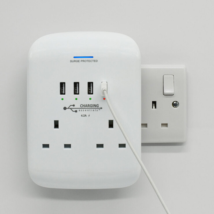 Charging Essentials Twin Socket Adaptor with 4 USB Chargers, Surge