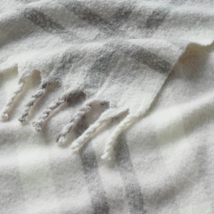Close up of Grey Faux Mohair Throw, showcasing fringed border and soft texture