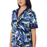 DKNY Ladies Notch Collar 3 Piece PJ Set in Blue/Yellow Leaves