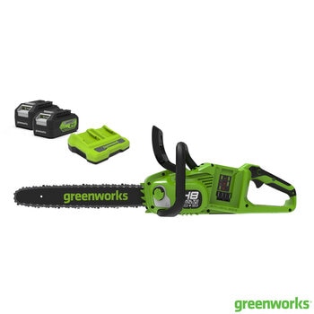 Greenworks 48V 36cm Cordless Brushless Chainsaw + 2 x 24V (4Ah) Battery & 2Ah Twin Charger Bundle