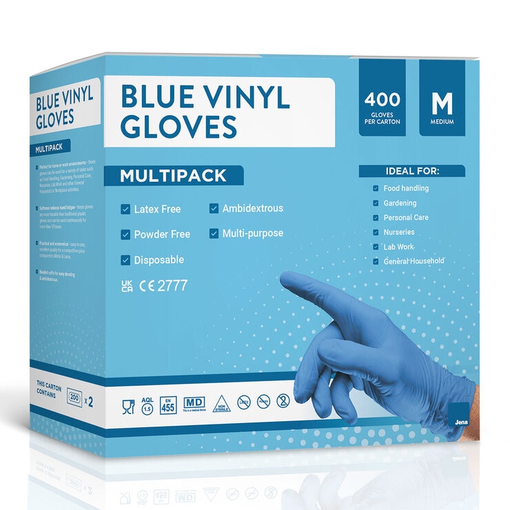 Jena Blue Vinyl Gloves, 400 Pack in Medium Jena Blue Vinyl Gloves, 400 Pack in Medium