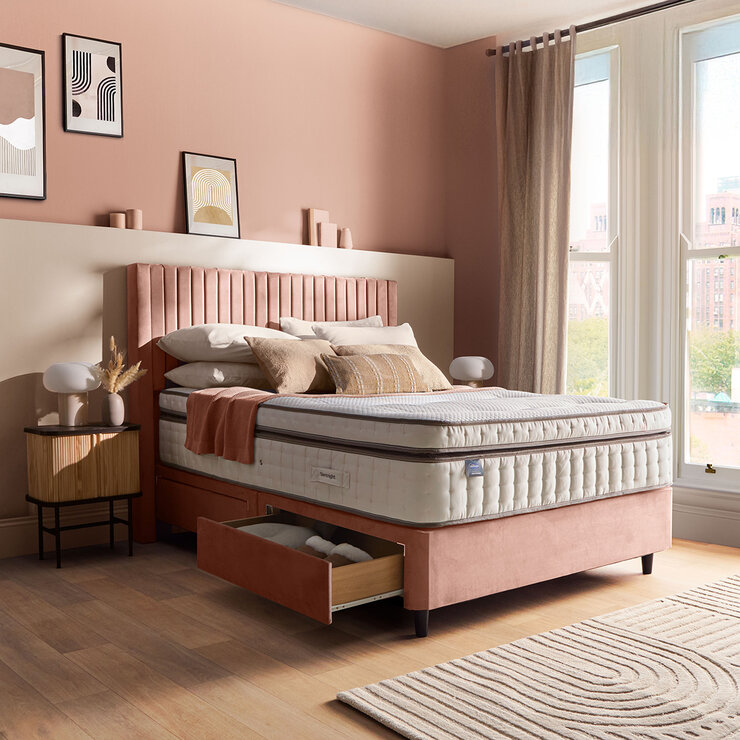 Silentnight Velvet 4 Drawer Divan Base with Slumber Headboard in 4 Colours & 3 Sizes