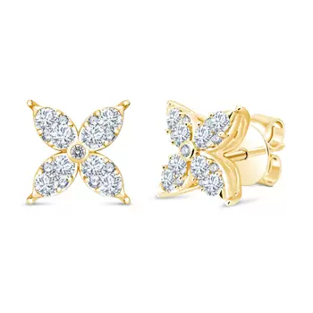 0.90ctw Round Brilliant Cut Diamond Flower Stud Earrings, 14ct Yellow Gold