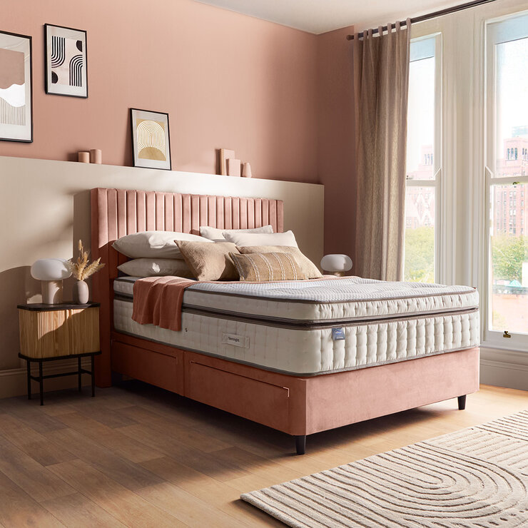 Silentnight Velvet 4 Drawer Divan Base with Slumber Headboard in Dusky Pink & 3 Sizes