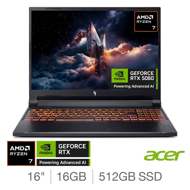 Acer Nitro V16, AMD Ryzen 7, 16GB RAM, 512GB SSD, NVIDIA GeForce RTX 5060, 16 Inch Gaming Laptop, NH.QYXEK.005