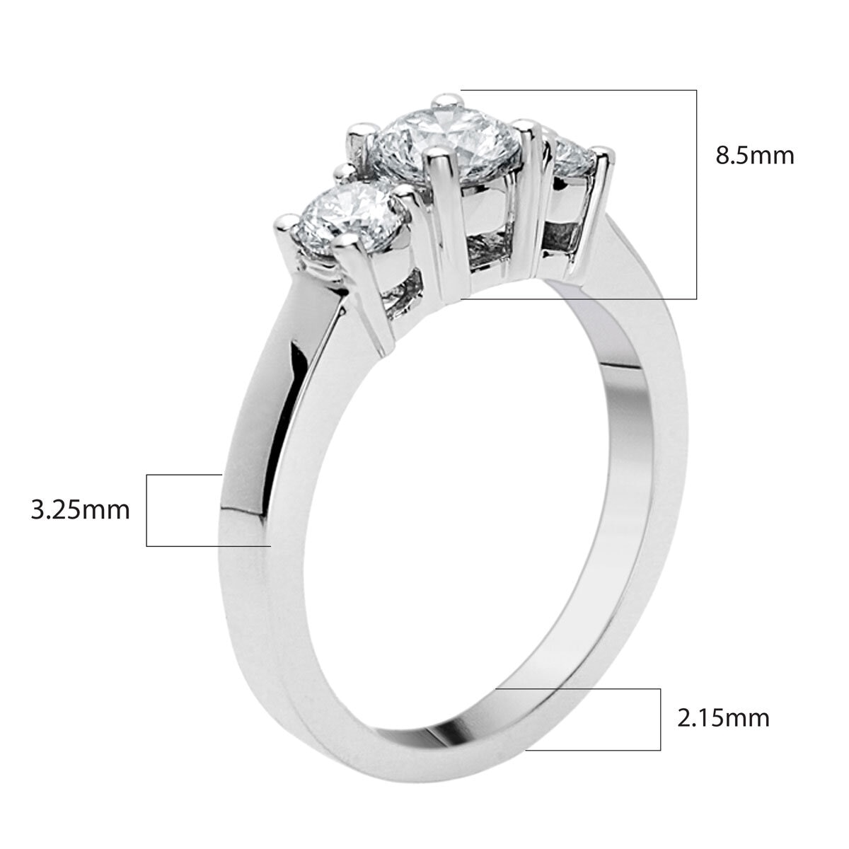 1.00ctw Round Brilliant Cut Diamond 3 Stone Ring, 18ct White Gold