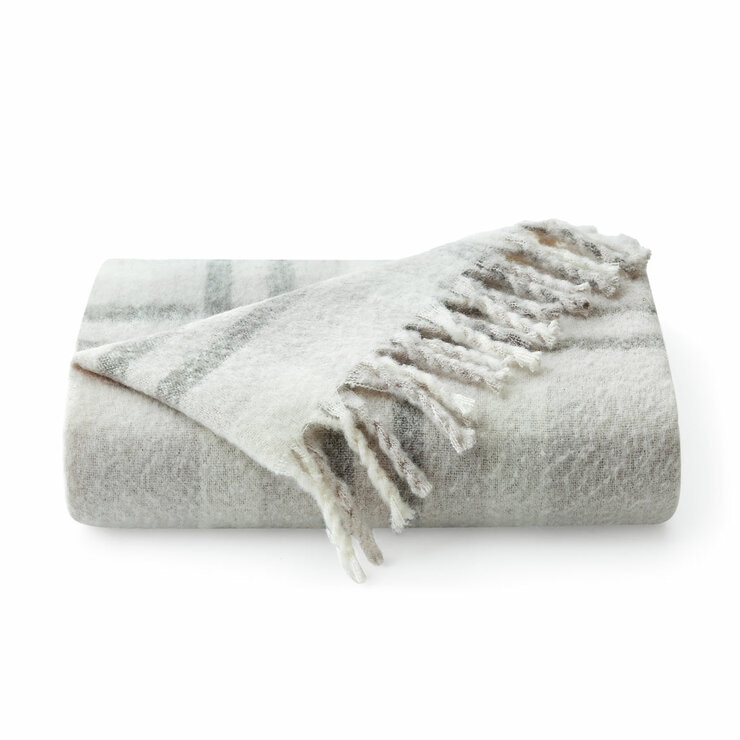 Folded Grey  Faux Mohair Throw, showcasing fringed border and soft texture