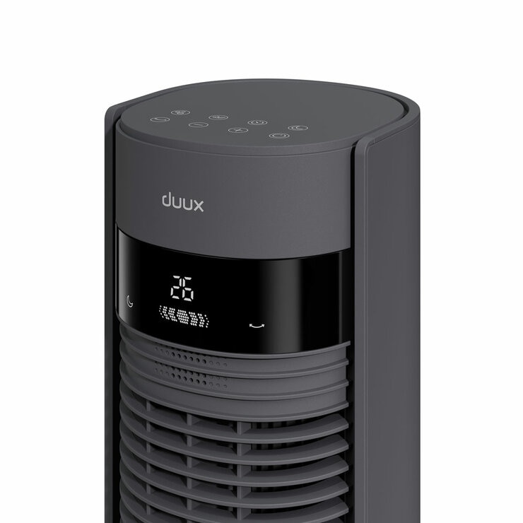 Close up of Duux Elevate Tower Fan's controls and display Close up of Duux Elevate Tower Fan's controls and display