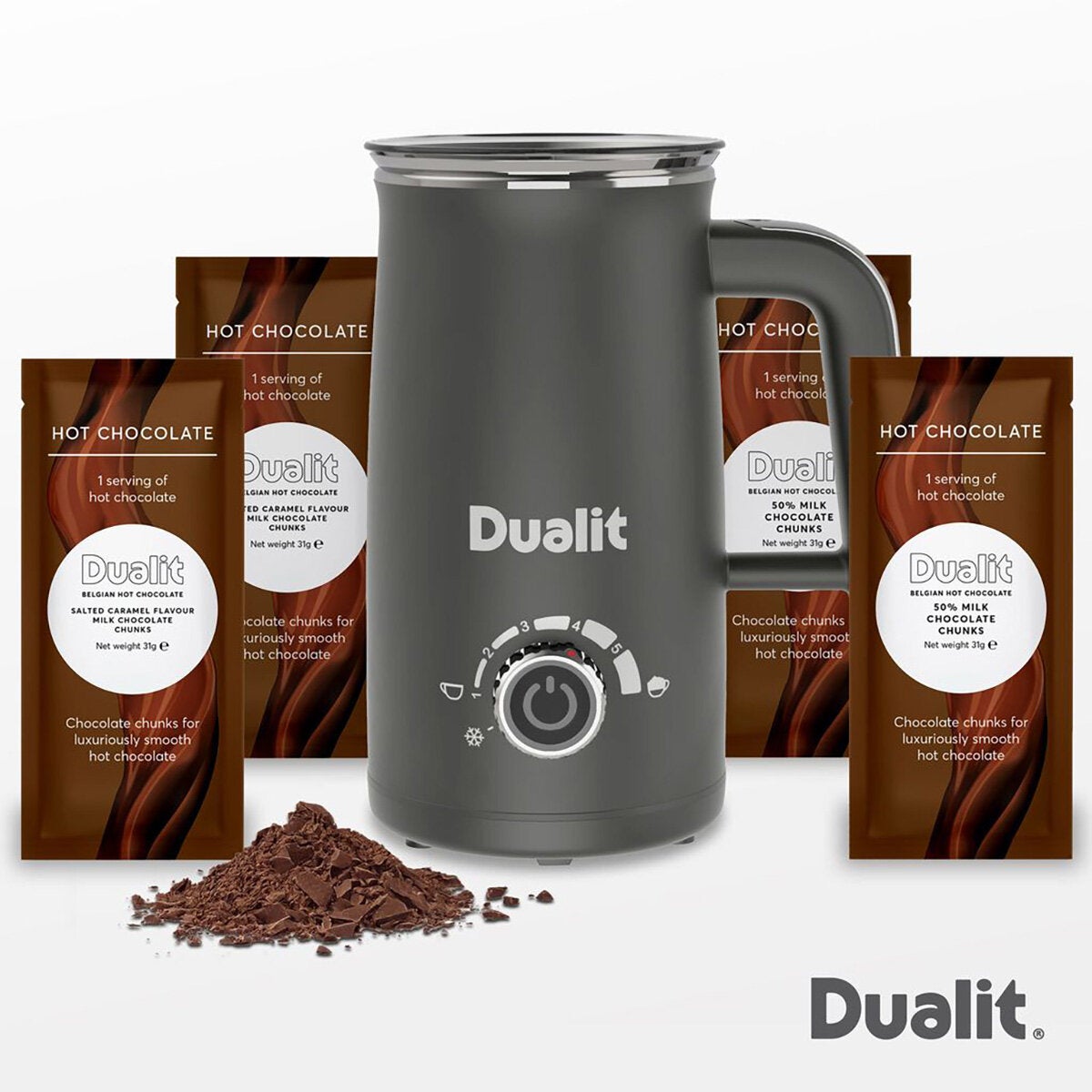 Image of milk frother and hot chocolate maker with hot chocolate packs Image of milk frother and hot chocolate maker with hot chocolate packs