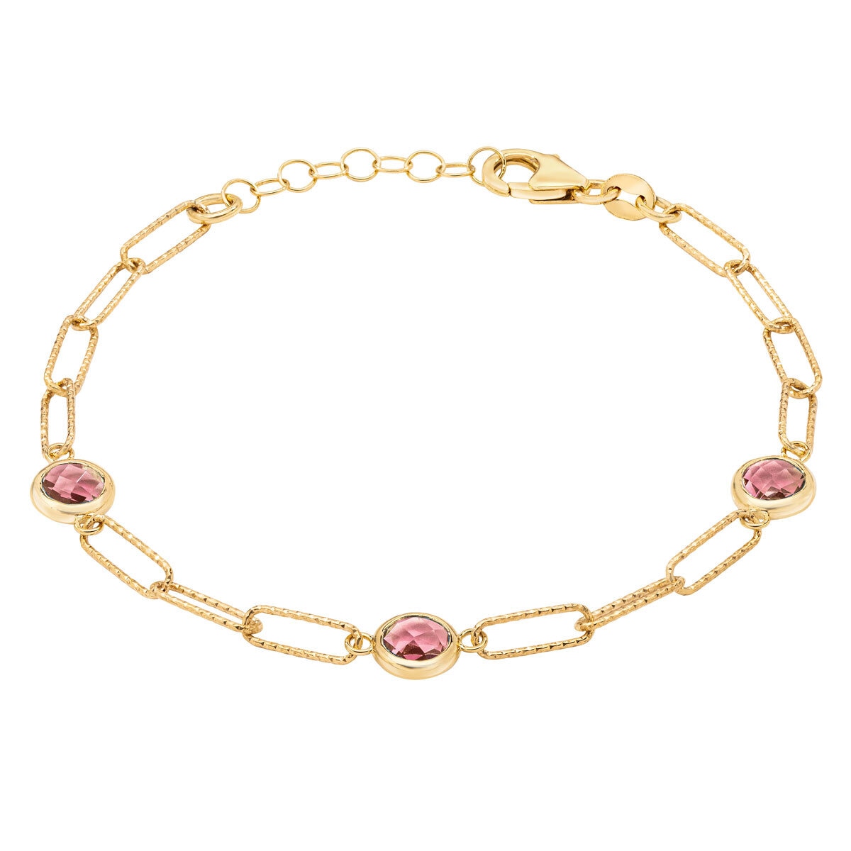 Round Cut Pink Tourmaline Paperclip Bracelet 14ct Yellow Gold