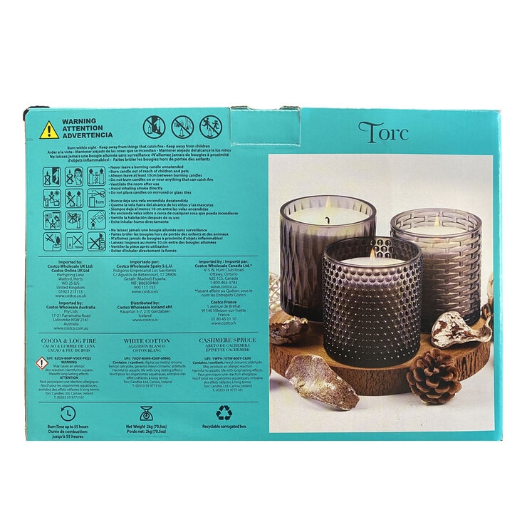 Torc Fragranced Textured Smoked Glass Candles, 3 Pack Costco UK