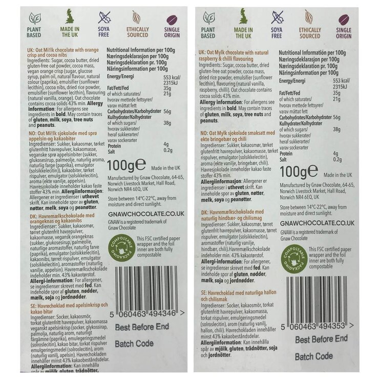 Gnaw Orange Crunch and Raspberry + Chilli Oat Mi!lk Chocolate Bars, 12 x 100g Gnaw Orange Crunch and Raspberry + Chilli Oat Mi!lk Chocolate Bars, 12 x 100g