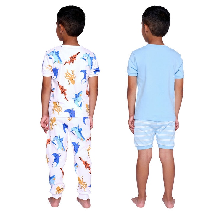 Pekkle Summer Pyjama 4 Piece Set in Octopus & Sharks, 3 Years