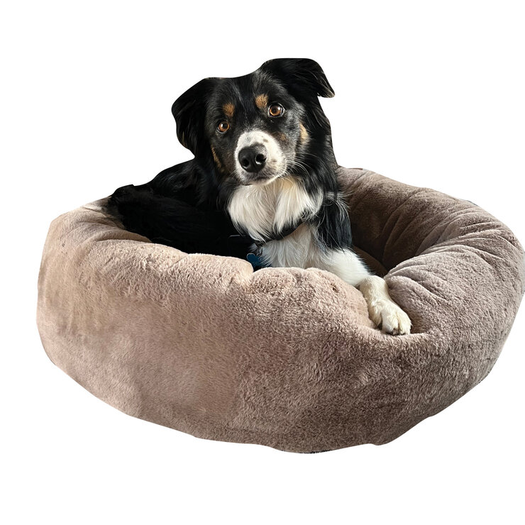 Dog Sitting on Mighty Paws Oval Faux Fur Pet Bed, 75cm x 24cm, in Natural Dog Sitting on Mighty Paws Oval Faux Fur Pet Bed, 75cm x 24cm, in Natural