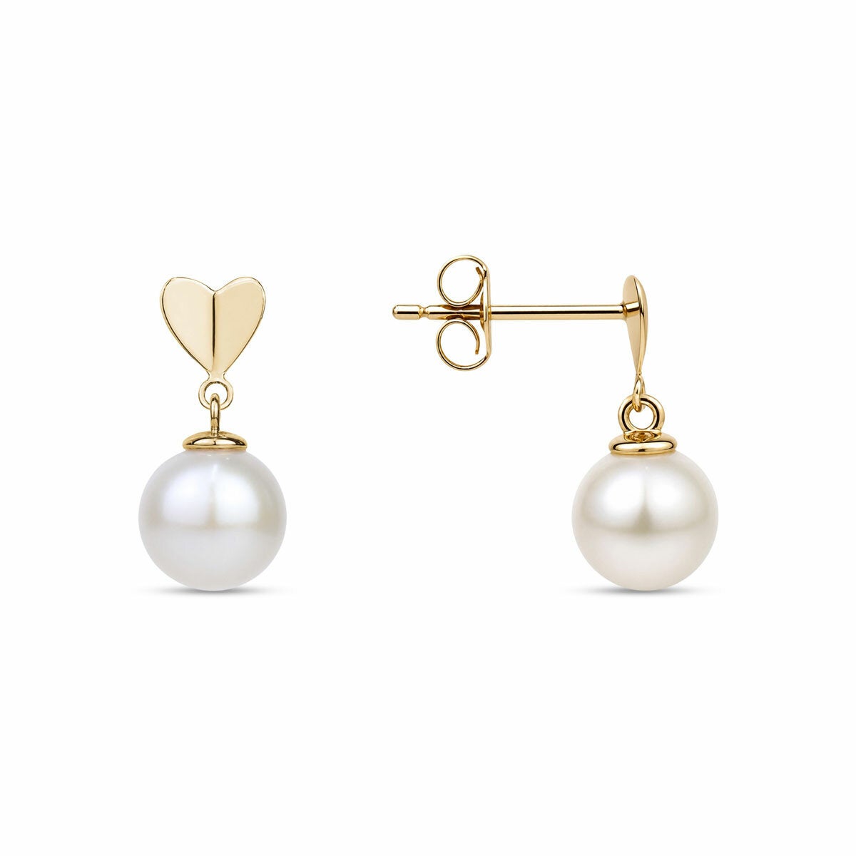 10.5-11mm Cultured Freshwater White Pearl Heart Drop Earrings, 14ct Yellow Gold