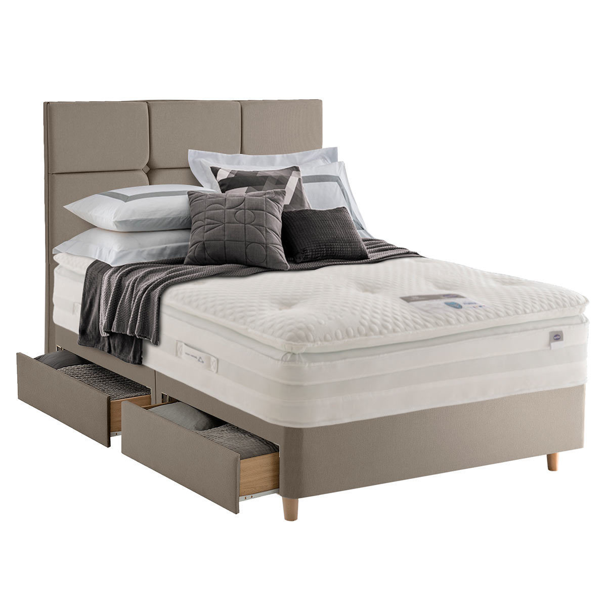 Cut out image of sandstone divan and headboard with mattress (not included)
