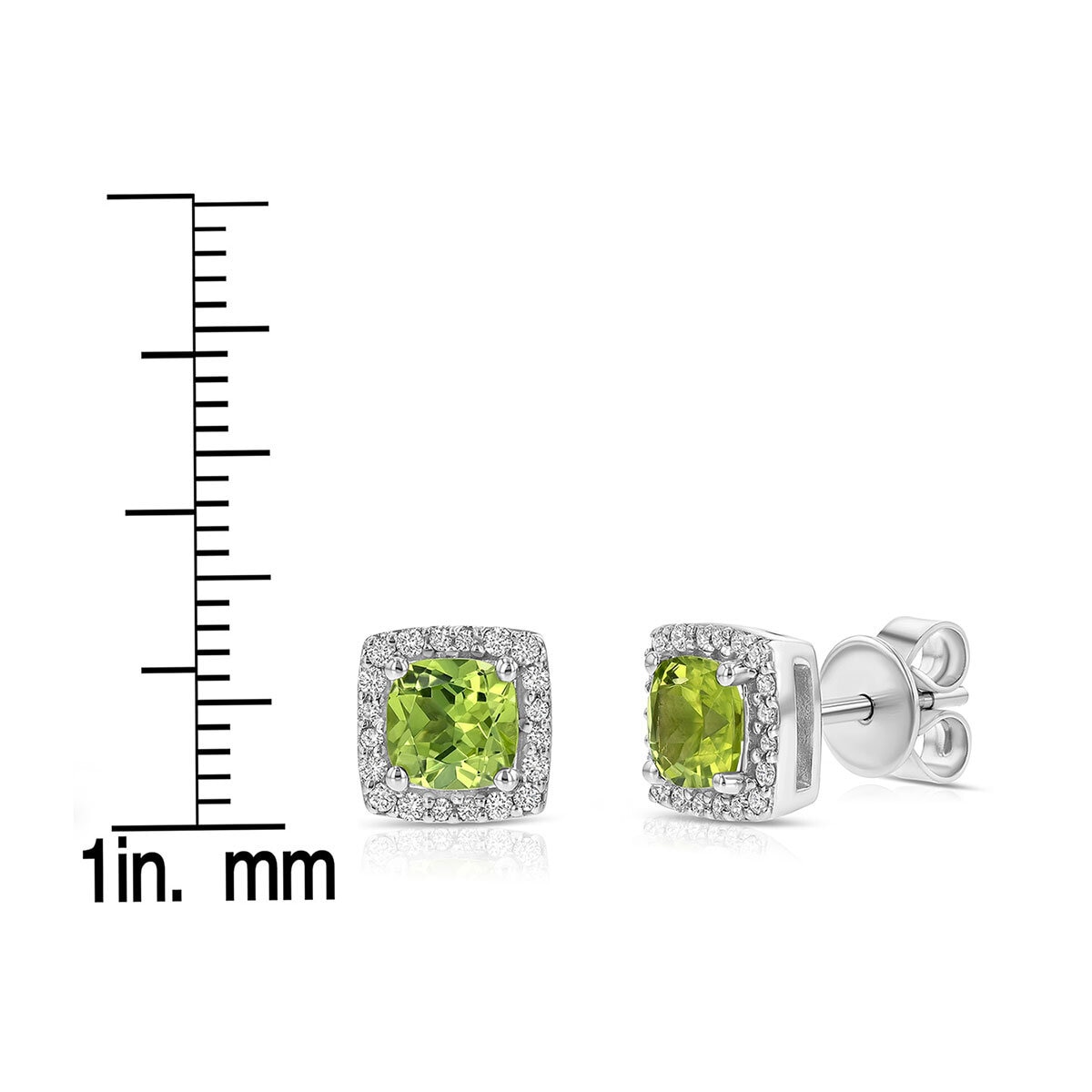 Cushion Cut Peridot & 0.13ctw Diamond Stud Earring, 14ct White Gold