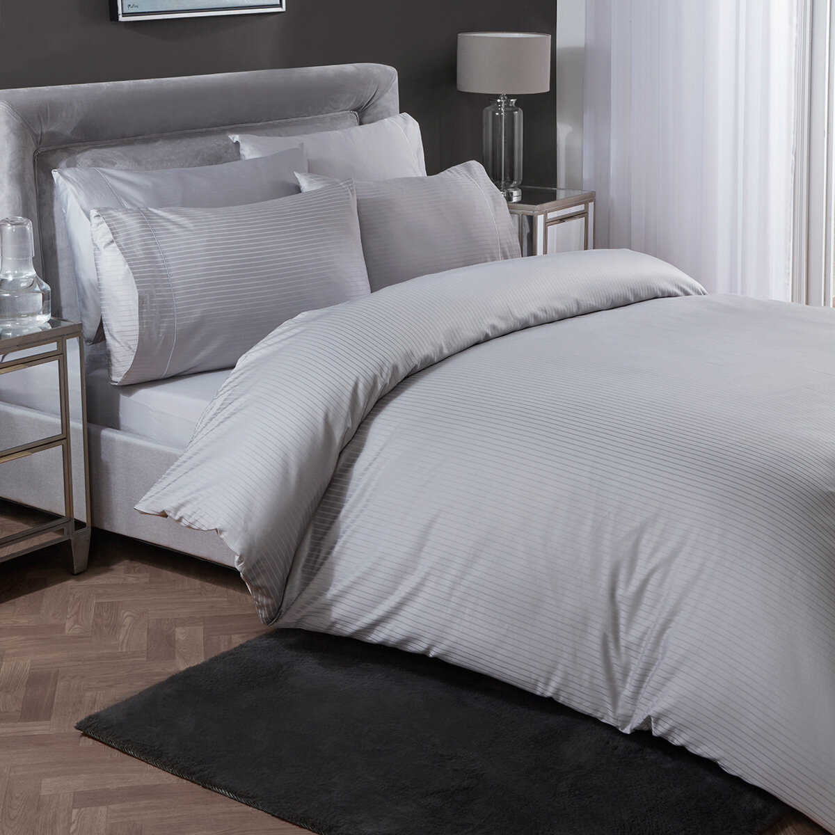 Boutique Living 800 thread count Egyptian cotton  six piece bedding set in silver with sateen stripe