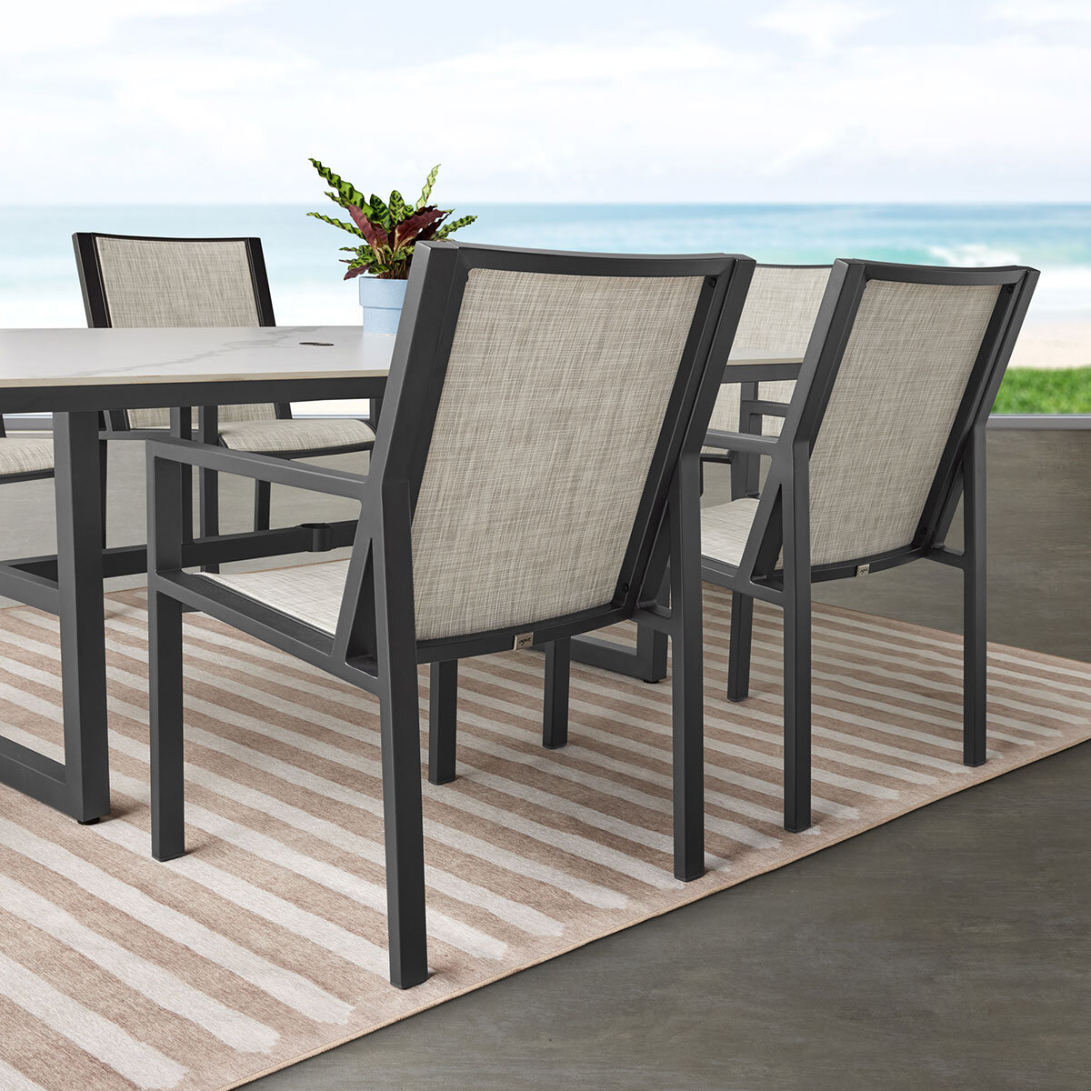 Agio Trinity 7 Piece Sling Dining Patio Set with Sintered Stone Table Top + Cover