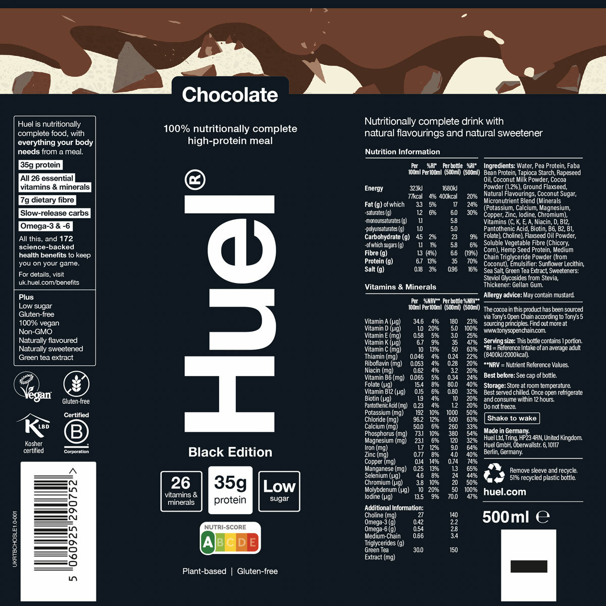 Huel Complete Meal Drink Black Edition Chocolate, 8 x 500ml