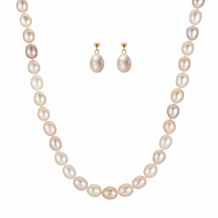 6.5-7mm Cultured Freshwater Pink Pearl Earring & Necklace Set, 14ct Yellow Gold 6.5-7mm Cultured Freshwater Pink Pearl Earring & Necklace Set, 14ct Yellow Gold