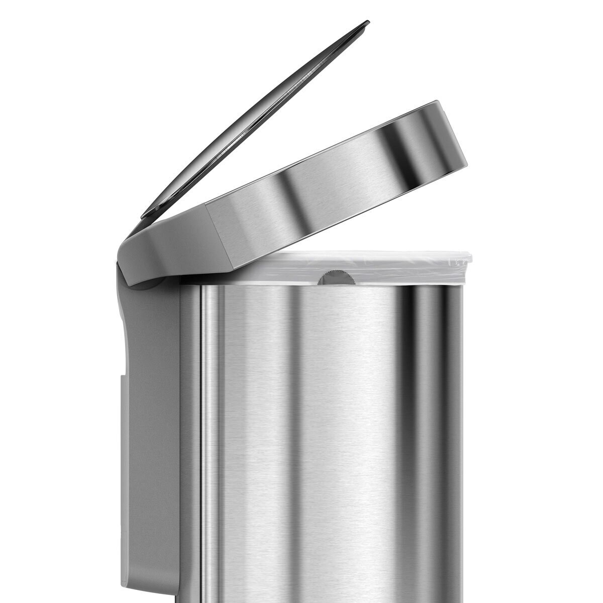 Side view of Simplehuman 45L Semi Round Sensor Bin, brushed stainless steel