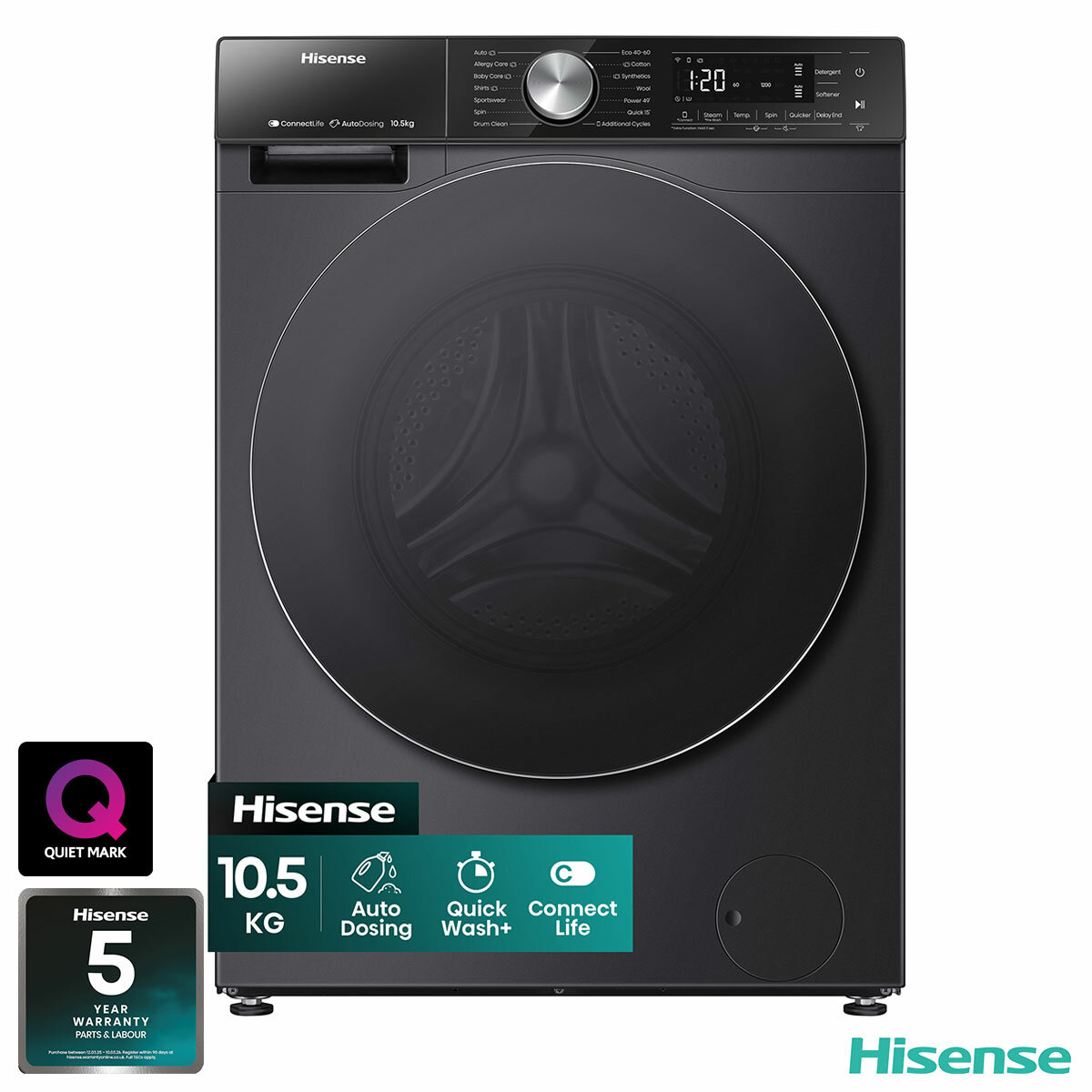 Hisense WF5S1045BB, 10.5kg 1400rpm Washing Machine, A Rated in Black Hisense WF5S1045BB, 10.5kg 1400rpm Washing Machine, A Rated in Black