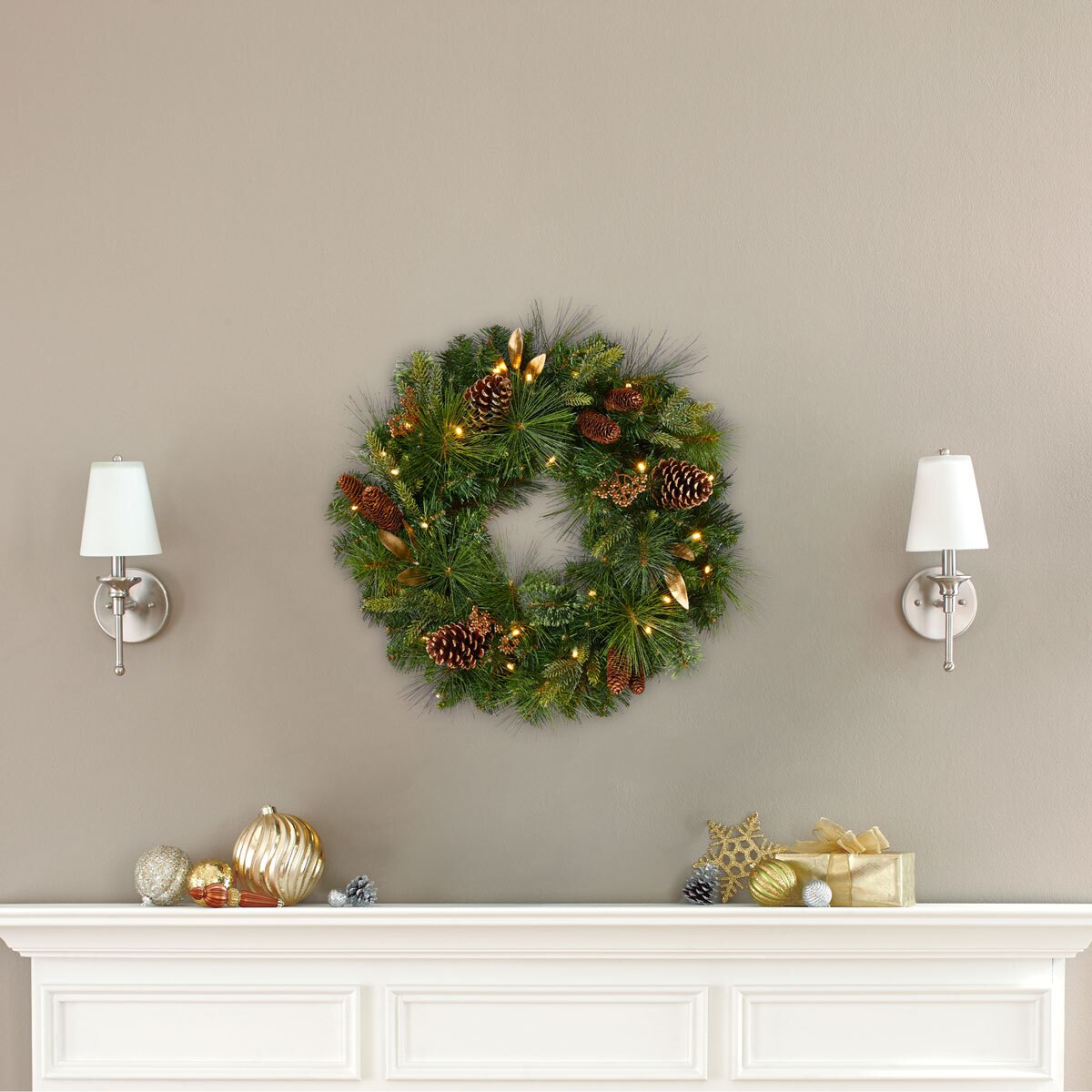 Mixed greenery wreath lit