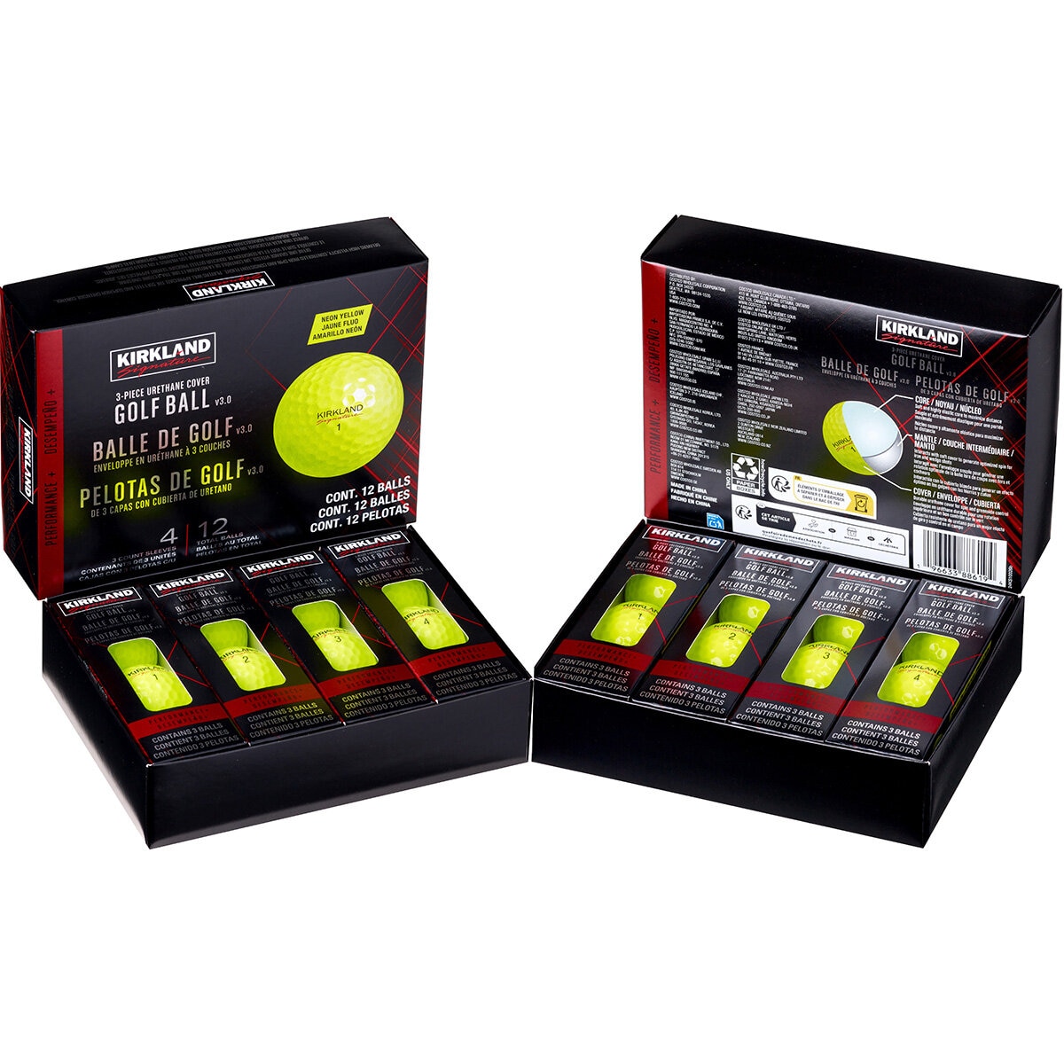 Studio image of the Kirkland Signature Neon Yellow Golf Ball box, open Studio image of the Kirkland Signature Neon Yellow Golf Ball box, open
