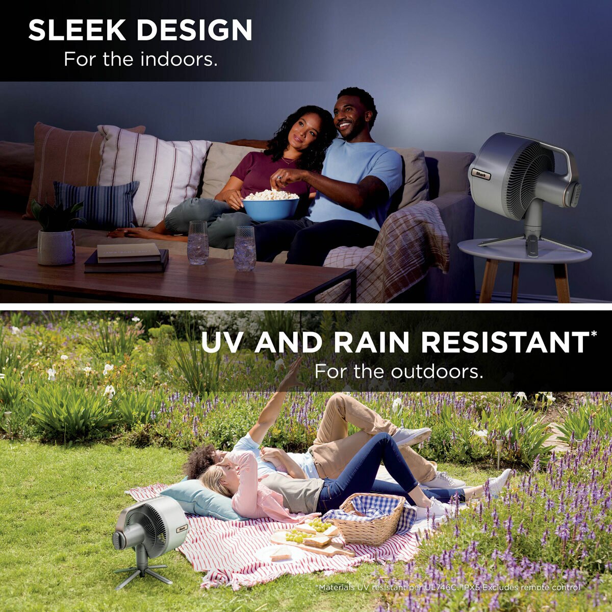 Lifestyle image of  Shark FlexBreeze Pro Mist Indoor & Outdoor Fan & Outdoor Misting System used outdoors and indoors