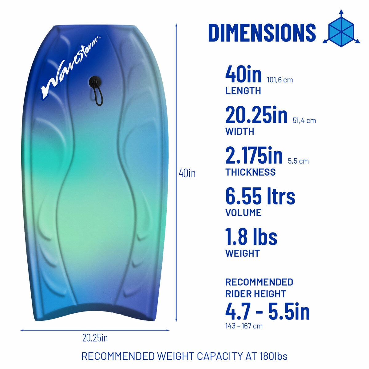 Graphic showing the dimensions of the bodyboard