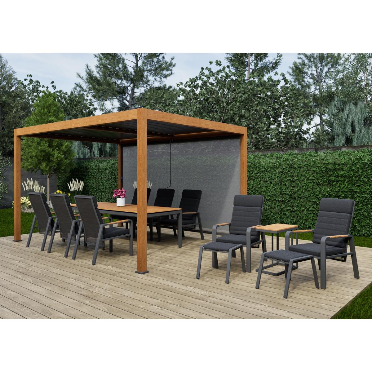 Alvivo 9ft 8" x 13ft 3" (3 x 4m) Wood-Look Louvered Aluminium Pergola Bundle with 3 Pull-Down Screens