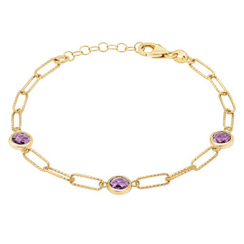 Round Cut Amethyst Paperclip Bracelet, 14ct Yellow Gold