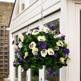 Artificial Purple & White Pansy Flower Hanging Basket