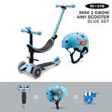 Micro Mini 2 Grow 4 in 1 Blue Scooter with Medium Dino Helmet and Blue Bell (12+ Months)