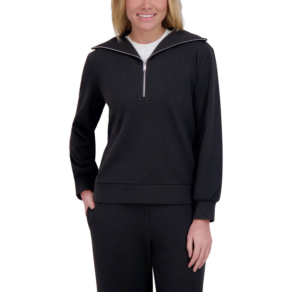DKNY Ladies Waffle Knit 1/2 Zip in Black
