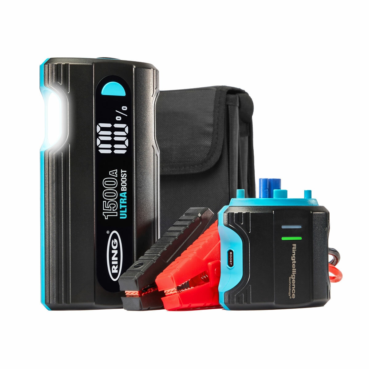 Ring Ultraboost 1500A Jumpstarter pictured with Intelligent Battery Clamps and Case