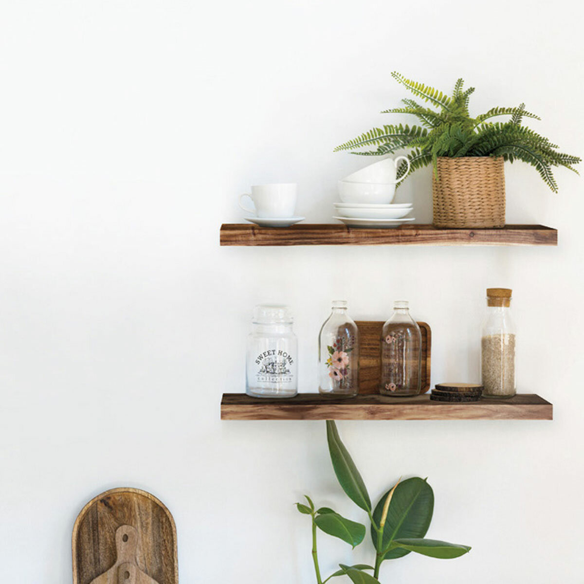 Acacia Floating Wood Shelf, 2 Pack