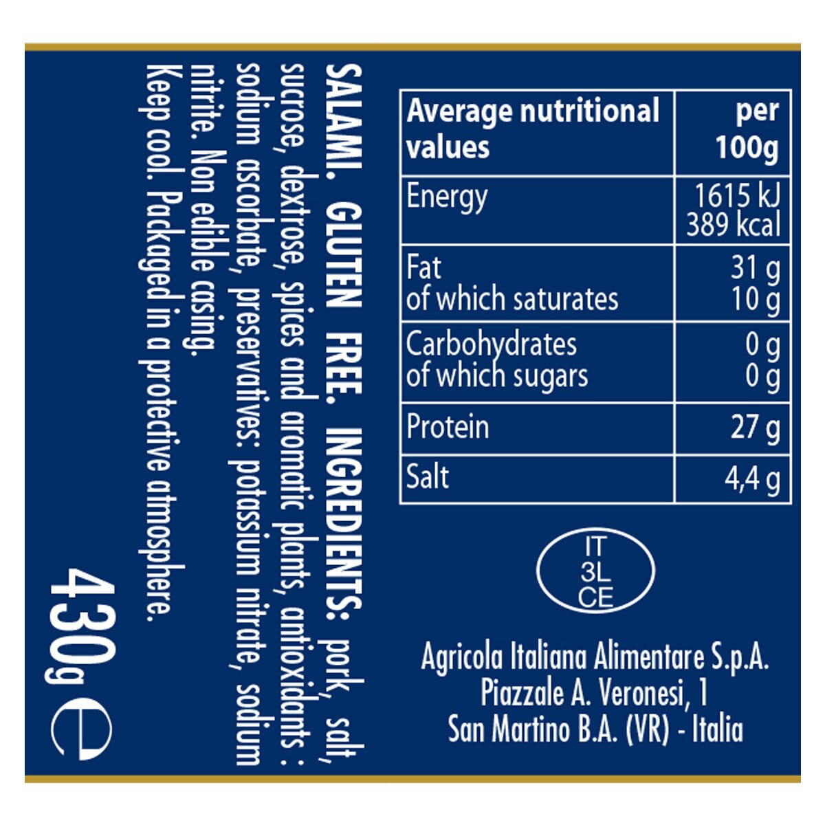 back label of 430g pack of Salame Milano