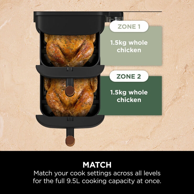 Lifestyle image of Ninja Double Stack 9.5L Air Fryer matching cooking setting across both levels