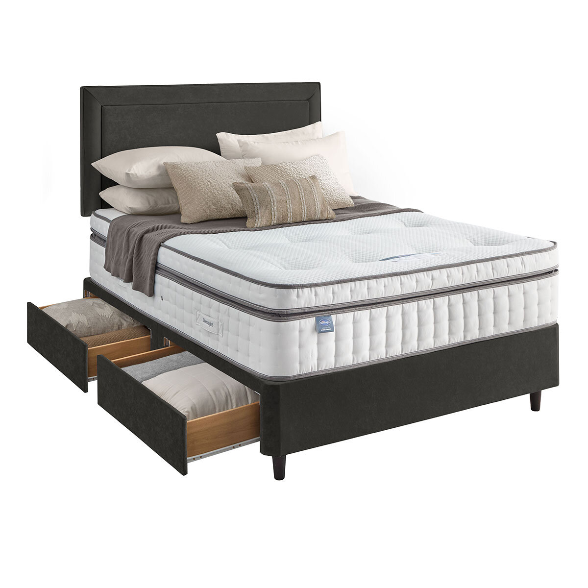 Silentnight Velvet 4 Drawer Divan Base with Malvern Headboard in Umbra in 3 Sizes