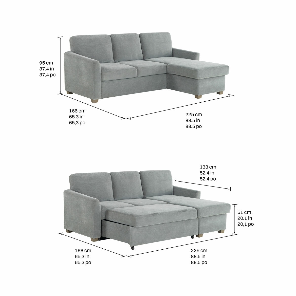 Coddle Cameron Fabric Sofa Bed with Reversible Chaise, Grey Coddle Cameron Fabric Sofa Bed with Reversible Chaise, Grey