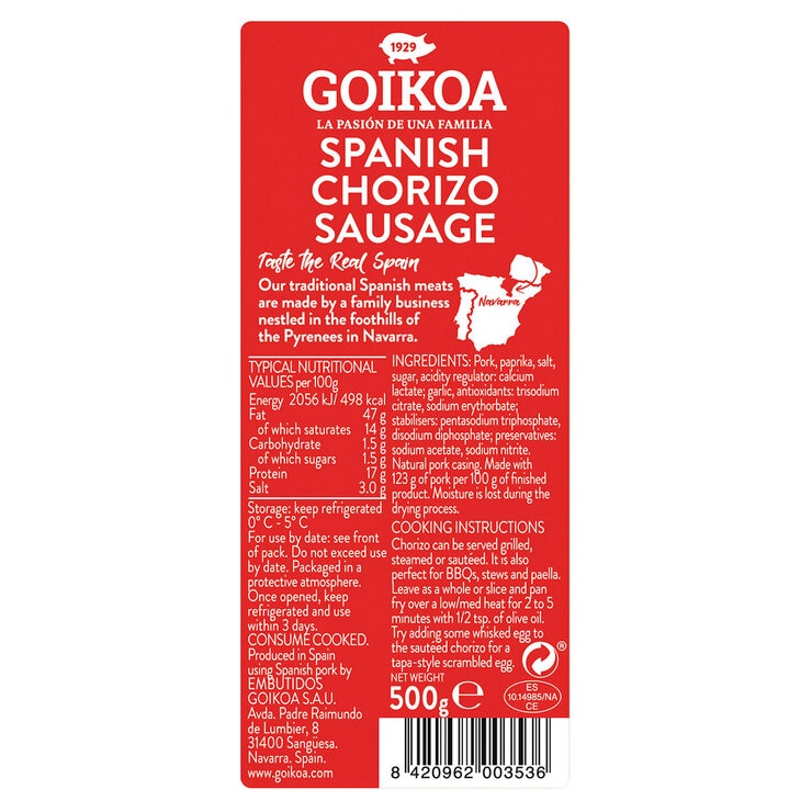 Back of pack for 500g Pack of Goikoa Spanish Cookng Chorizo