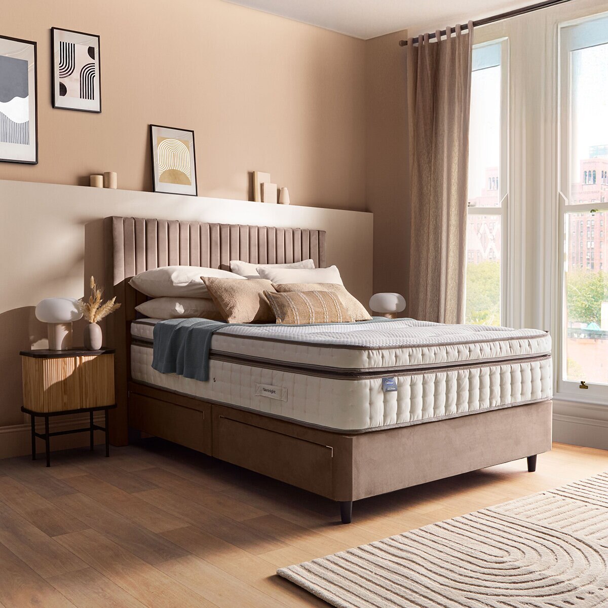 Silentnight Velvet 4 Drawer Divan Base with Slumber Headboard in Mink & 3 Sizes