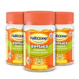 3 pots of haliborange gummies with orange label and lid