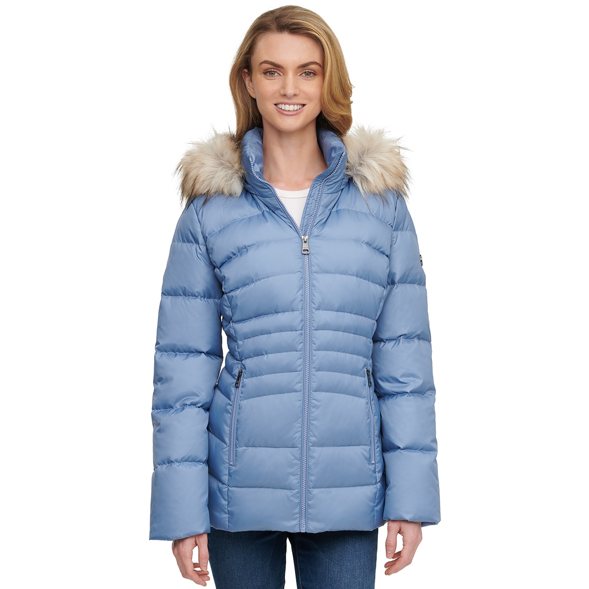 Andrew Marc Women's Short Down Jacket with Faux Fur Trim Hood in Dusk Blue, Medium